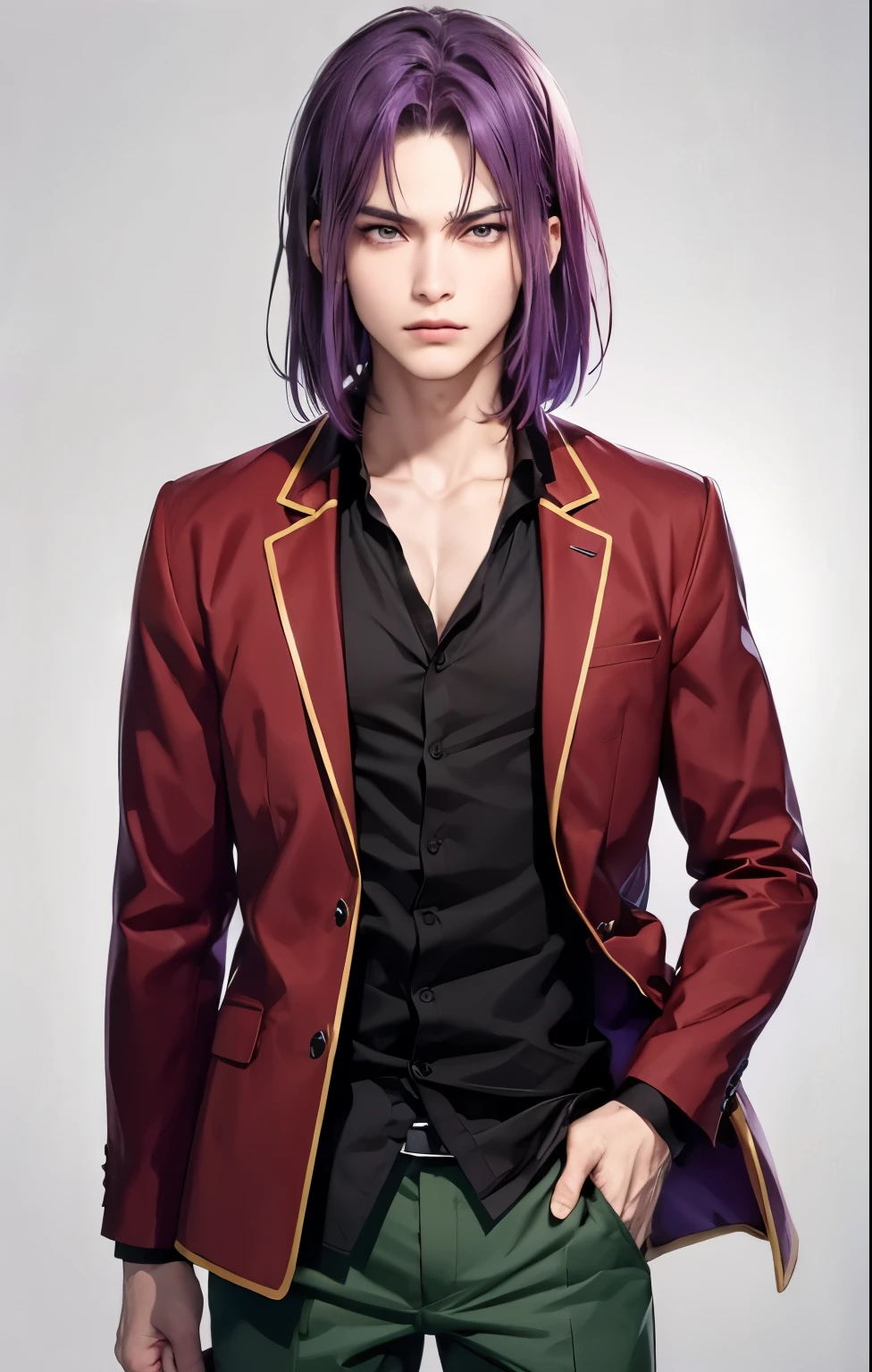 ultra realistic picture of anime male character Ryuuen Kakeru, standing,delinquent, dark purple hair, medium middle part hairstyle, dark purple eyes, fierce face, cruel expression face, sharp eyebrows, wear school uniform, red blazer with yellow lines, black shirt half chest open, dark green pants, anime character, classroom of the elite, white background, detailed skin texture, ultra quality rendering,