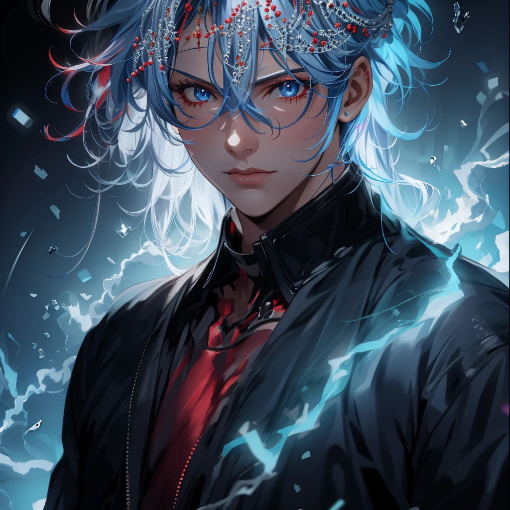 blue hair，red eyes