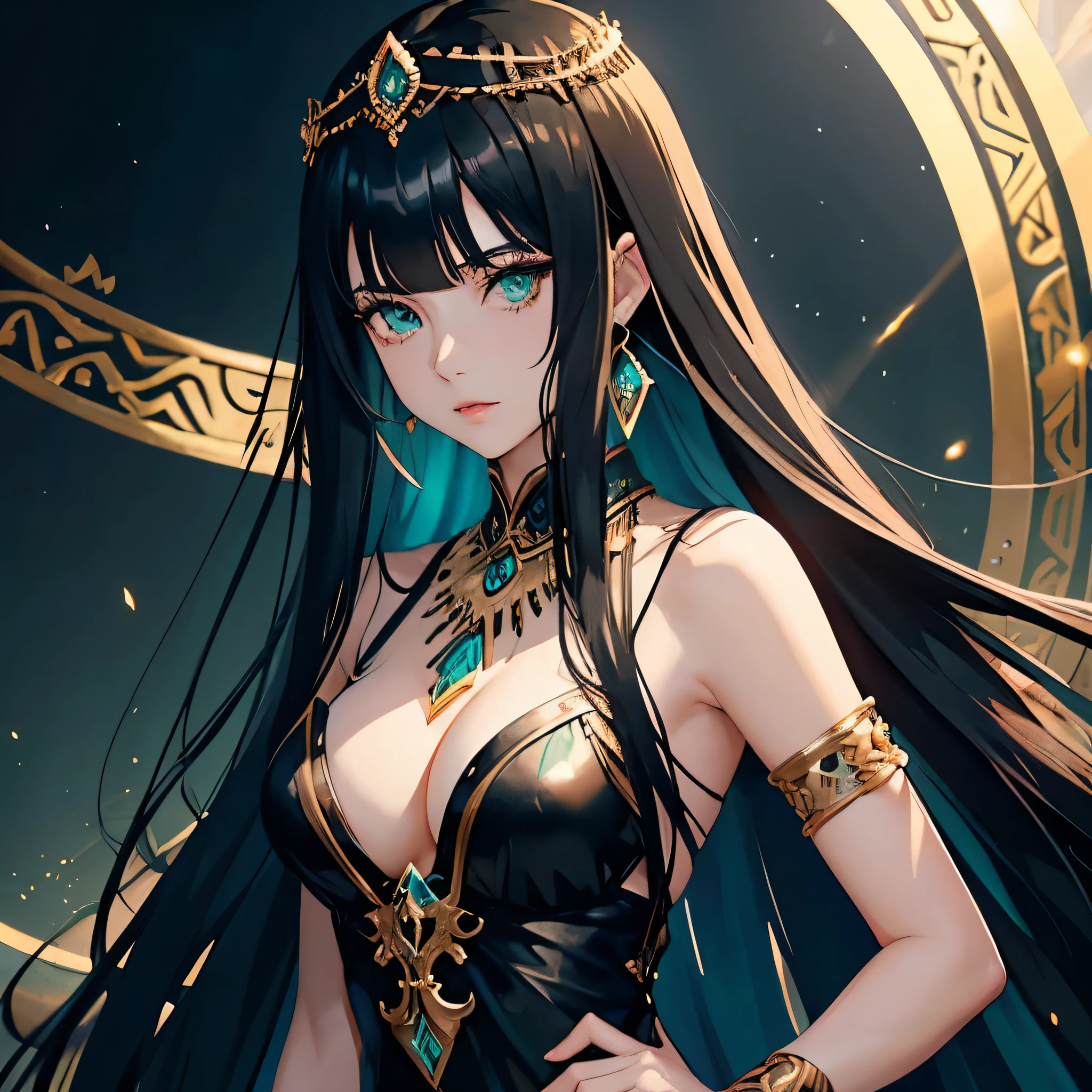 anime girl with light bluish green eyes . long black silky hair with bangs, very detailed CG unity 8k wallpapers), (best quality), (best illustrations), (best shadows) royalty, rich queen with jewelry, arabic clothes, revealing arabian royalty clothes