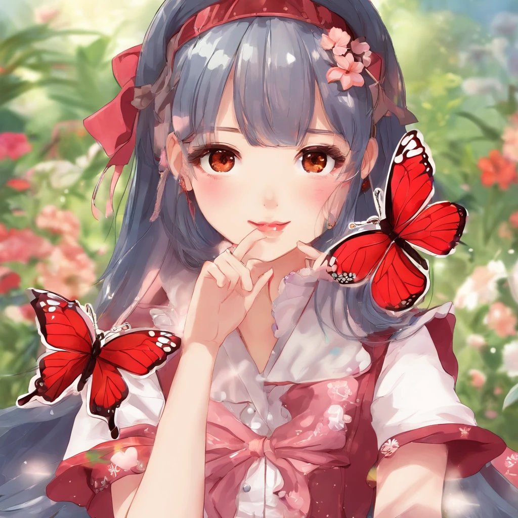 Poker face,,(dark fantasy),((Wonderful illustrations)),(Details fly), long black hair, red pupils, girl, Solid black dress, collar only, The cuffs and skirt are dark red, There is a red butterfly hairpin pinned next to her ear., masterpiece, best quality, high quality, scarf,, Red and black crystal necklace,
