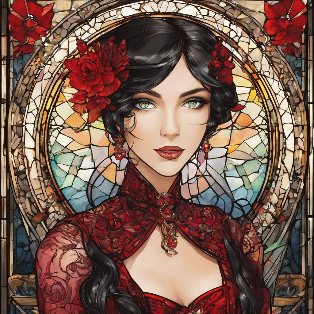 Poker face,,(dark fantasy),((Wonderful illustrations)),(Details fly), long black hair, red pupils, girl, Solid black dress, collar only, The cuffs and skirt are dark red, There is a red butterfly hairpin pinned next to her ear., masterpiece, best quality, high quality, scarf,, Red and black crystal necklace,