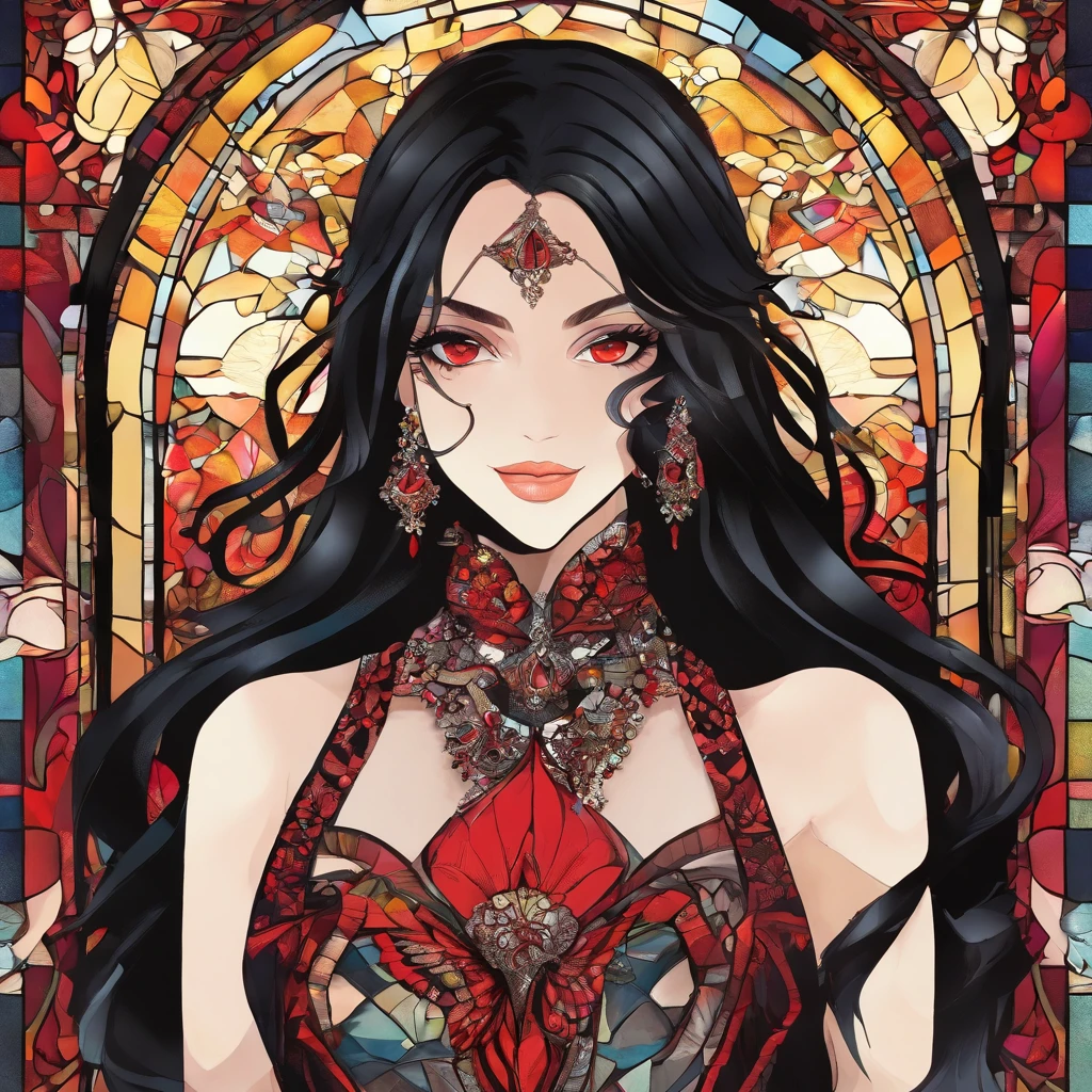 Poker face,,(dark fantasy),((Wonderful illustrations)),(Details fly), long black hair, red pupils, girl, Solid black dress, collar only, The cuffs and skirt are dark red, There is a red butterfly hairpin pinned next to her ear., masterpiece, best quality, high quality, scarf,, Red and black crystal necklace,