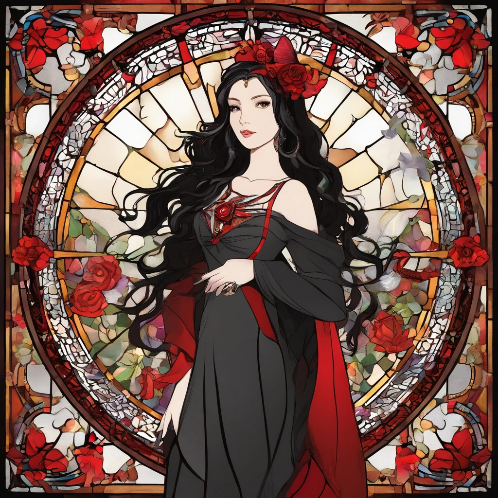 Poker face,,(dark fantasy),((Wonderful illustrations)),(Details fly), long black hair, red pupils, girl, Solid black dress, collar only, The cuffs and skirt are dark red, There is a red butterfly hairpin pinned next to her ear., masterpiece, best quality, high quality, scarf,, Red and black crystal necklace,