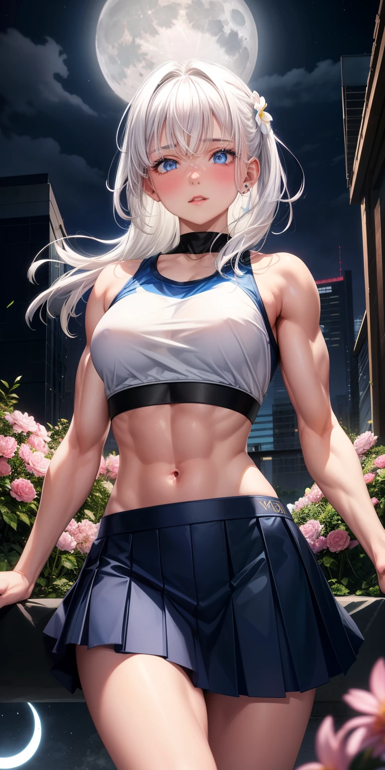 actual, 1 girl, white hair, blue eyes, glowing eyes, crop top, skirt, open lips, blush, Gym, flowers, night, moonlight, abdominal muscles, muscle , biceps