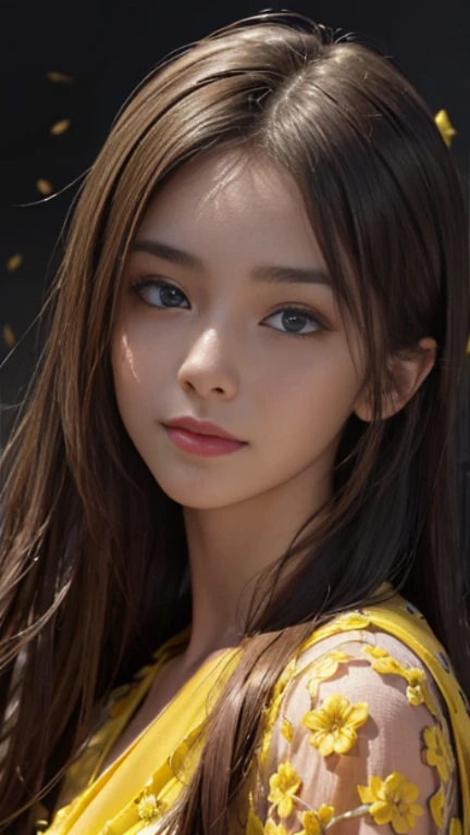 (ultra realistic), (illustration), (Increased resolution), (8ก), (very detailed), (Best illustration), (beautiful and detailed eyes), (best quality), (very detailed), (Masterpiece ), ( Wallpaper), (detailed face), alone, 1 girl wearing a yellow dress, look at viewer, great details, detailed face, in the dark, deep shadow, low voice, Pure Rose Face_Version 1, smile, long hair, Yellow shawl, straight hair , 46 diagonal points