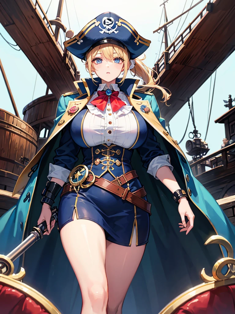 (((masterpiece、Highest image quality、highest quality、highly detailed unity 8kwallpaper)))、((Illustration of one girl))、(((beautiful girl)))、(fantasy、female pirate)、(blonde、short ponytail:1.2、light blue eyes)、(((The right arm is a steampunk-style prosthetic arm.)))、((tall))、bulky figure, massive frame, thick neck, sturdy arms, powerful legs、(captain's suit、Pirate hat、Blue coat)、pirate shipのデッキ、pirate ship