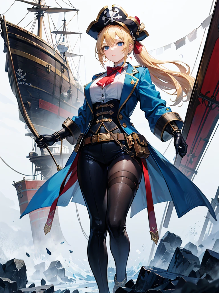 (((masterpiece、Highest image quality、highest quality、highly detailed unity 8kwallpaper)))、((Illustration of one girl))、(((beautiful girl)))、(fantasy、female pirate)、(blonde、short ponytail:1.2、light blue eyes)、(((The right arm is a steampunk-style prosthetic arm.)))、((tall))、bulky figure, massive frame, thick neck, sturdy arms, powerful legs、(captain's suit、Pirate hat、Blue coat)、pirate shipのデッキ、pirate ship