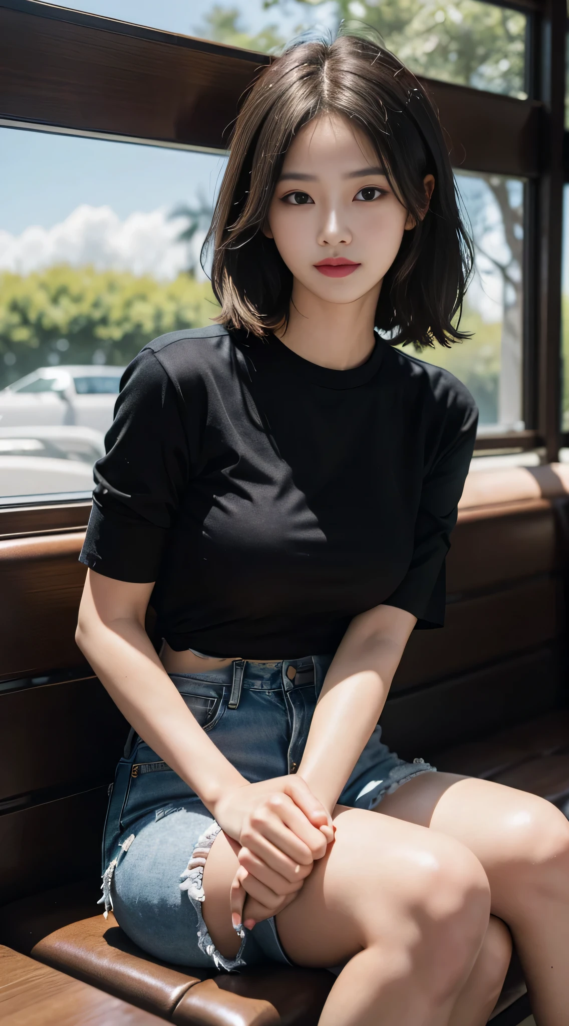 best quality，masterpiece，ultra high resolution，8 thousand（realism：1.4），RAW painting작가，painting，1 girl，filmgrain，painting，natural skin texture，realistic eye and face details，lipstick，Black shirt，Denim shorts，(sit down and eat at the restaurant)，hair blowing in the wind，Natural background，blur background，detailed background，glowing skin，light smile，real image，빛과 painting자 효과，Natural light and soft light，Studio Quality，And the sun was shining brightly，Accurate and complete human anatomy，Hair Detailed，Long-range shooting，전신 painting