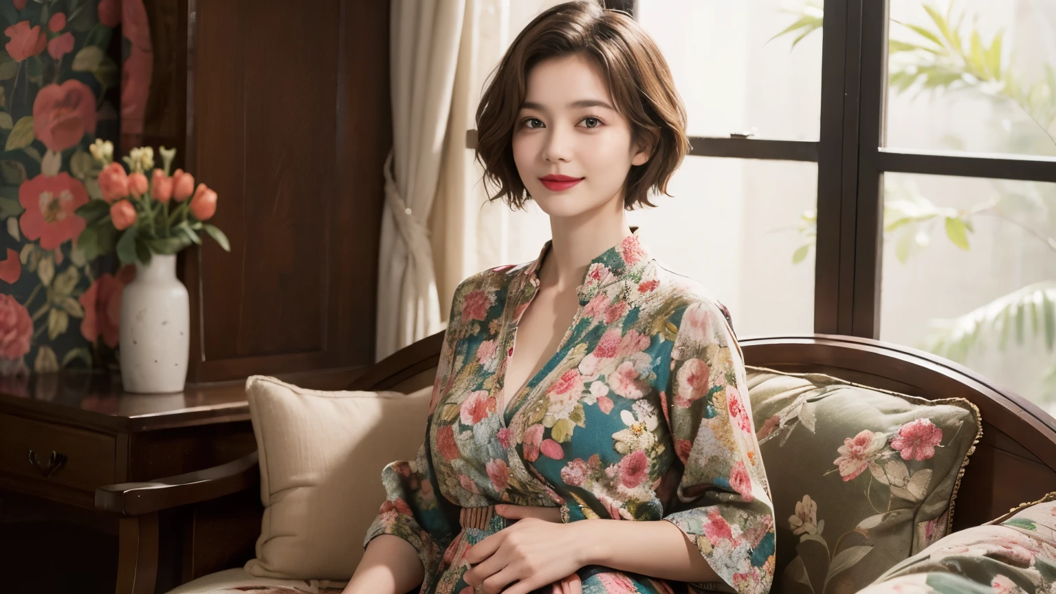 149
(20 year old woman,floral print outfit,pants), (Super realistic), (high resolution), ((beautiful hairstyle 46)), ((short hair:1.46)), (gentle smile), (brest:1.1), (lipstick)
