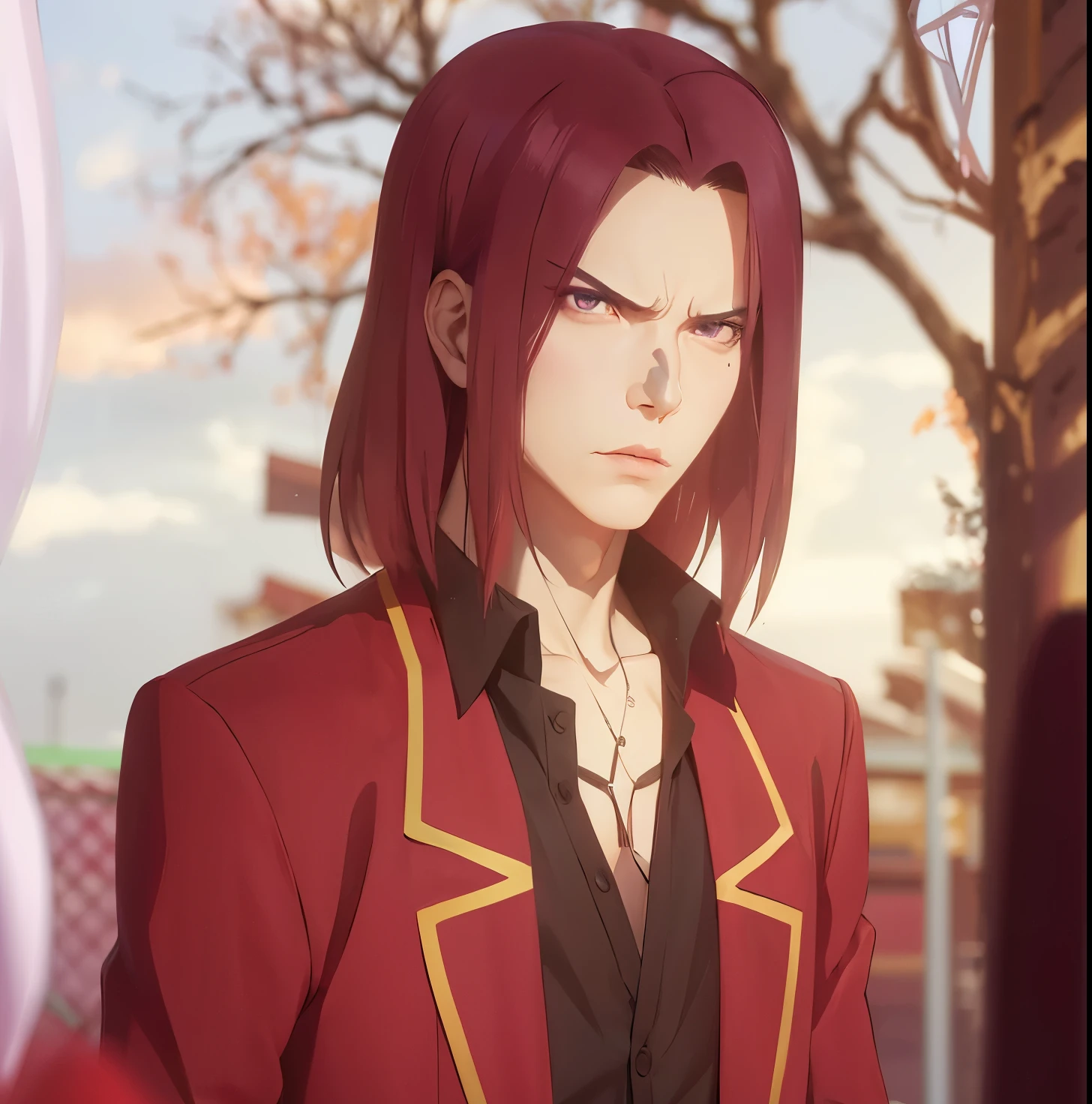 ultra realistic picture of anime male character Ryuuen Kakeru, standing,delinquent, dark purple hair, medium middle part hairstyle, dark purple eyes, fierce face, cruel expression face, sharp eyebrows, wear school uniform, red blazer with yellow lines, black shirt half chest open, anime character, classroom of the elite, blurry background, detailed skin texture, ultra quality rendering,