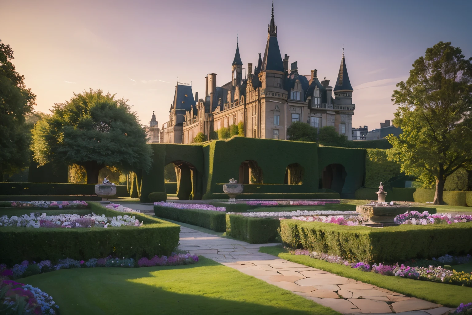 ((masterpiece)),((best quality)),8k,high detailed, ultra-detailed, photography, award winning, documentary, Original Photo, Realistic, a beautiful garden, royal, secret, trees, flowers, grass, castle grounds, rich, decadent, fantasy