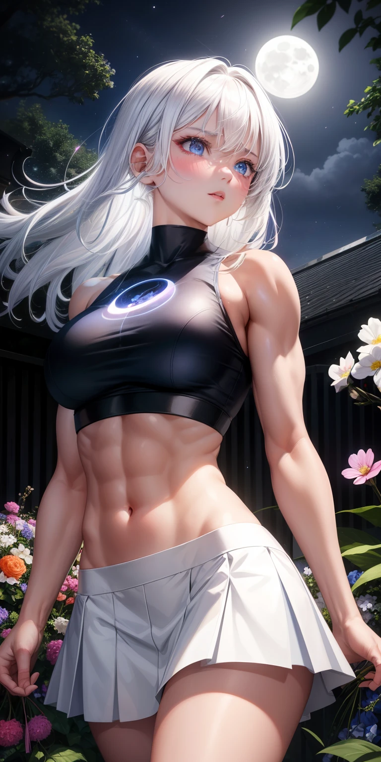 actual, 1 girl, white hair, blue eyes, glowing eyes, crop top, skirt, open lips, blush, Gym, flowers, night, moonlight, abdominal muscles, muscle , biceps