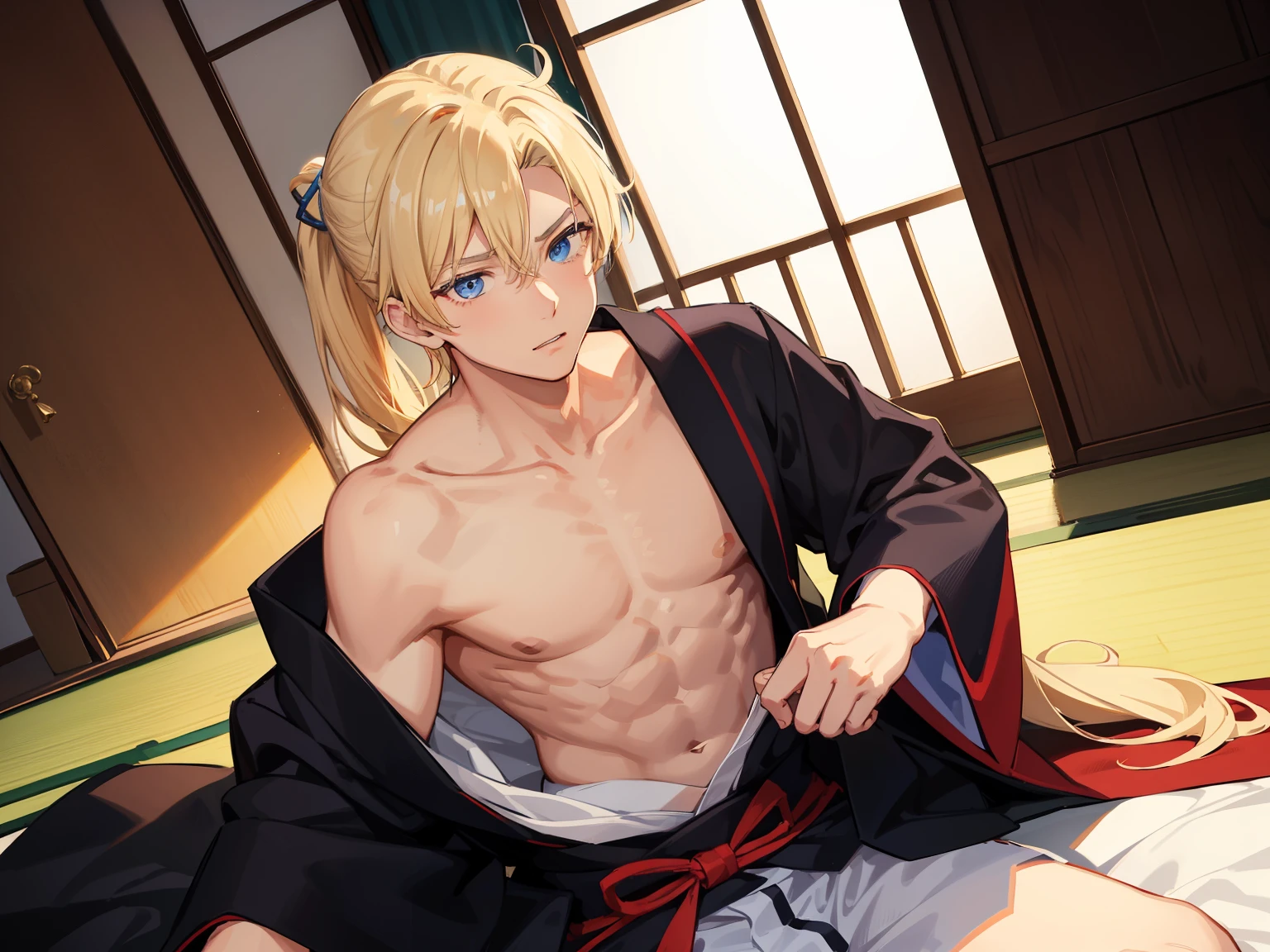 1boy，Masculinity，blond hair，ponytail，blue eyes，no bra，A Japanese-style room，late at night，alone，kimono