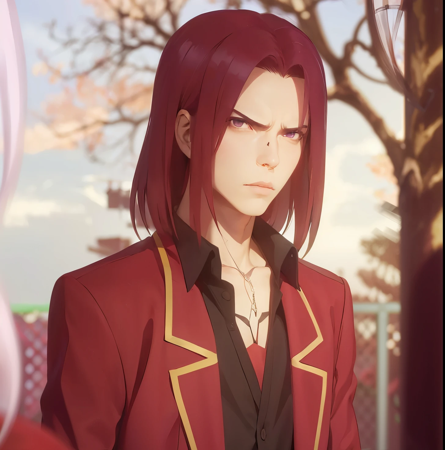 ultra realistic picture of anime male character Ryuuen Kakeru, standing,delinquent, dark purple hair, medium middle part hairstyle, dark purple eyes, fierce face, cruel expression face, sharp eyebrows, wear school uniform, red blazer with yellow lines, black shirt half chest open, anime character, classroom of the elite, blurry background, detailed skin texture, ultra quality rendering,