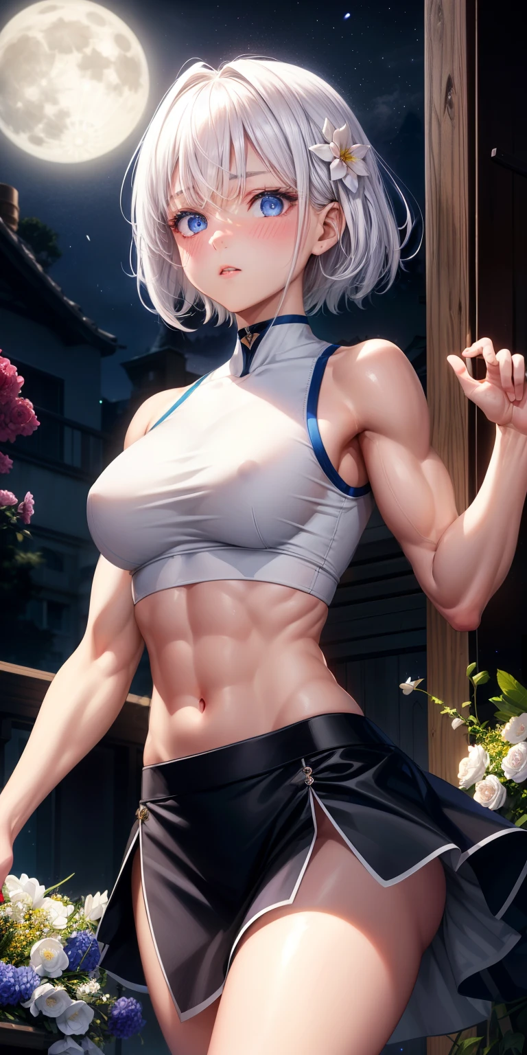 actual, 1 girl, white hair, blue eyes, glowing eyes, crop top, skirt, open lips, blush, Gym, flowers, night, moonlight, abdominal muscles, muscle , biceps