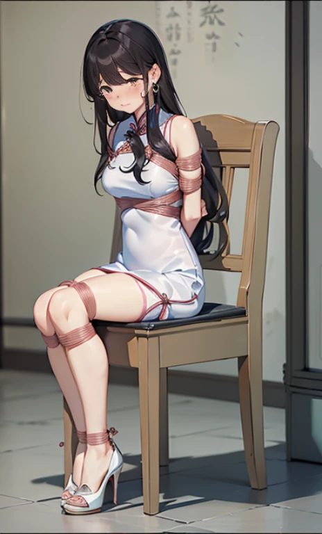 masterpiece, best quality,alone,(()),((blush)), ((tears)), ((Shy)),((gag)),((High heel)),((cheongsam)), (((()))),((arms_behind_Back)),((legs together)), ((Bondage)),((chaili)),cell