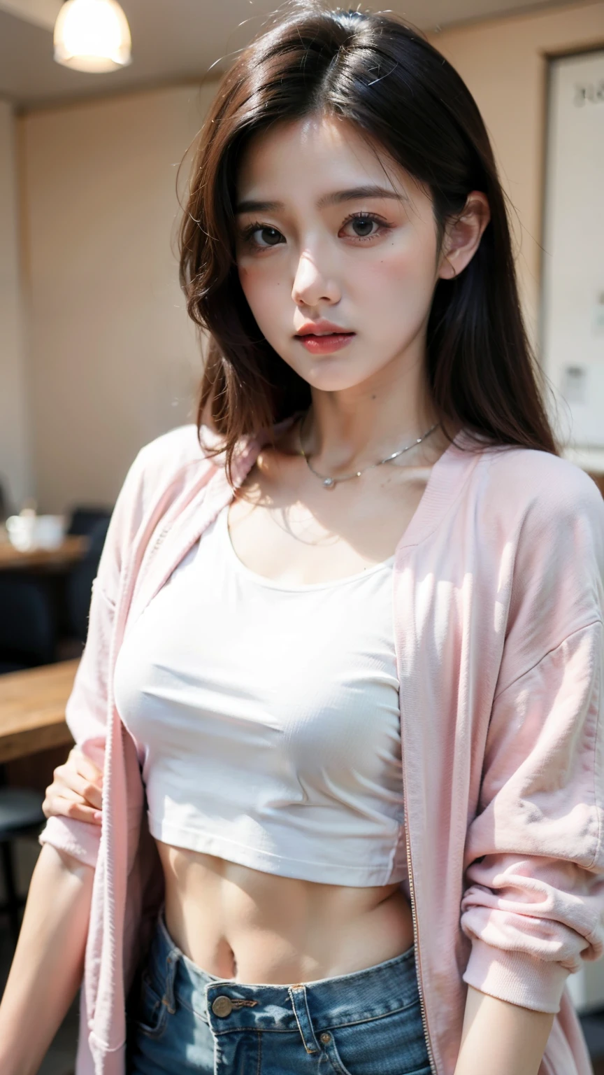 A close up girl make crop top shirt pink and a black jacket in cafe