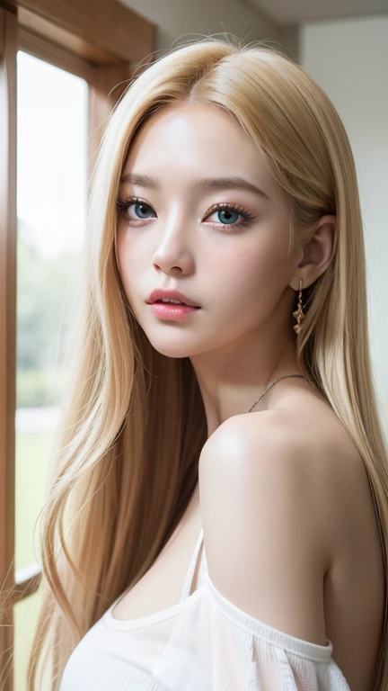 1 girl, 19 years old, solo, super long straight hair, huge , bright look、Looking at Viewer, ((Glossy bright silky blonde hair))、Very beautiful eyes and disheveled bangs between the nose and eyes、white skin、Shining beautiful skin、Glossy skin、gross face、cheek gloss、small face beauty、bare shoulders, jewelry, whole body, (Highly detailed 8K wallpaper), soft lighting, high quality, film grain, Fujifilm XT3 sharp focus, F 5.6, high detail, Tits sharp focus,(natural light), (Close-up:1.2), (seductive tits), off shoulder t-shirt, Reality, sexy、She has beautiful big bright pale blue eyes、very big eyes、eyeliner、young face、round face、cheek glossハイライト