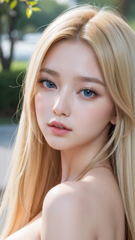 1 girl, 19 years old, solo, super long straight hair, huge , bright look、Looking at Viewer, ((Glossy bright silky blonde hair))、Very beautiful eyes and disheveled bangs between the nose and eyes、white skin、Shining beautiful skin、Glossy skin、gross face、cheek gloss、small face beauty、bare shoulders, jewelry, whole body, (Highly detailed 8K wallpaper), soft lighting, high quality, film grain, Fujifilm XT3 sharp focus, F 5.6, high detail, Tits sharp focus,(natural light), (Close-up:1.2), (seductive tits), off shoulder t-shirt, Reality, sexy、She has beautiful big bright pale blue eyes、very big eyes、eyeliner、young face、round face、cheek glossハイライト