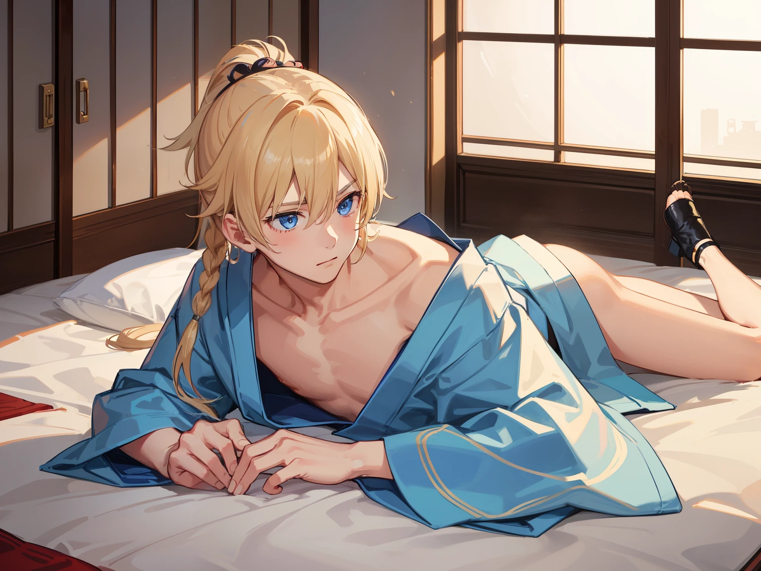 1boy，Masculinity，blond hair，ponytail，blue eyes，no bra，A Japanese-style room，late at night，alone，kimono