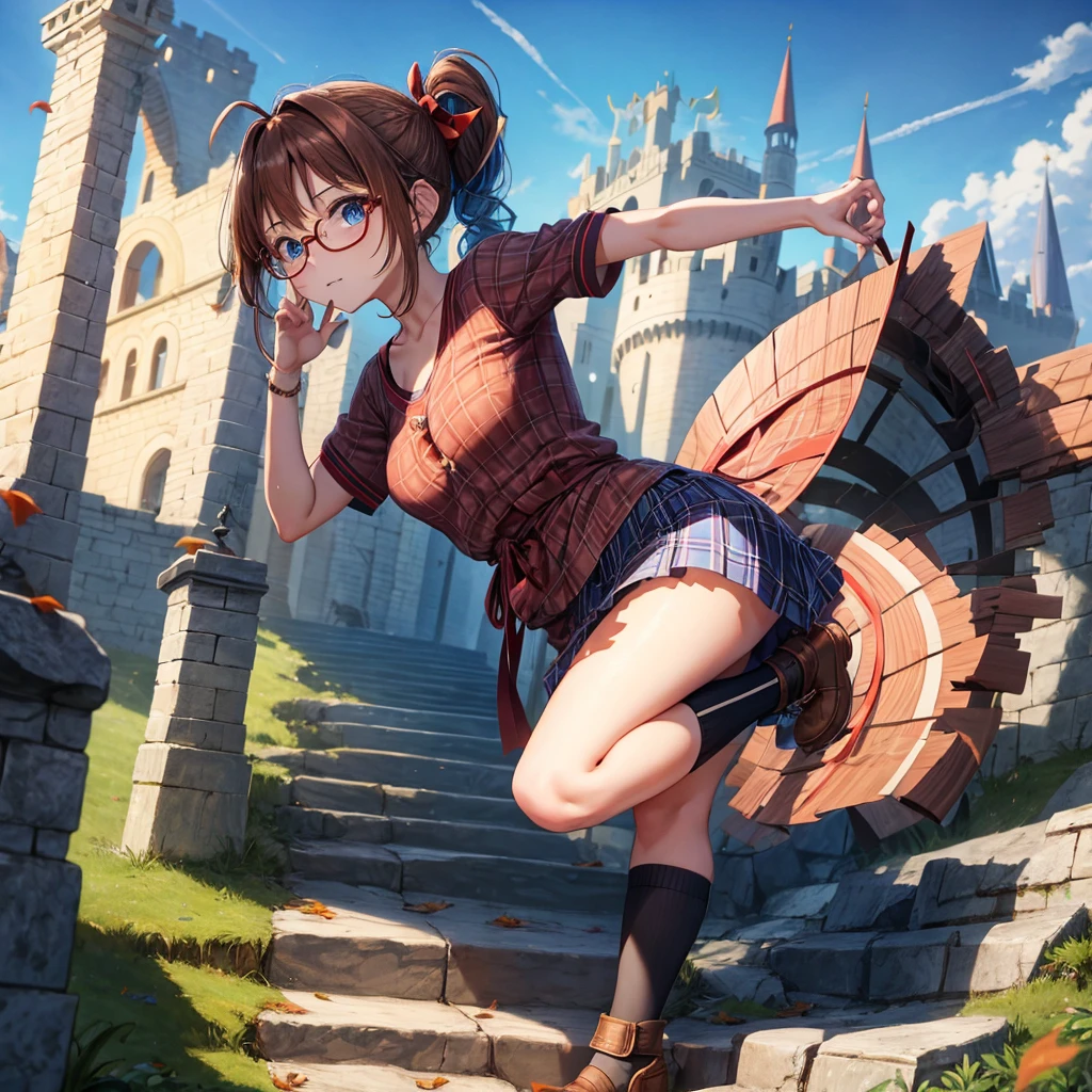 reddish-brown blonde、blue hair、blue eyes、ponytail、Braid、one good looking girl、solo、anime、Plaid miniskirt、camisole、black t-shirt、Tilting your face、Doing the ribbon、Ribbon at waist、sunset sky、stone stairs、tunnel、Fallen leaves、wearing glasses、Light and shadow、maze、monster castle、lanthanum、corridor、One leg is raised、pinwheel、castle floating in the air、7 cylinders