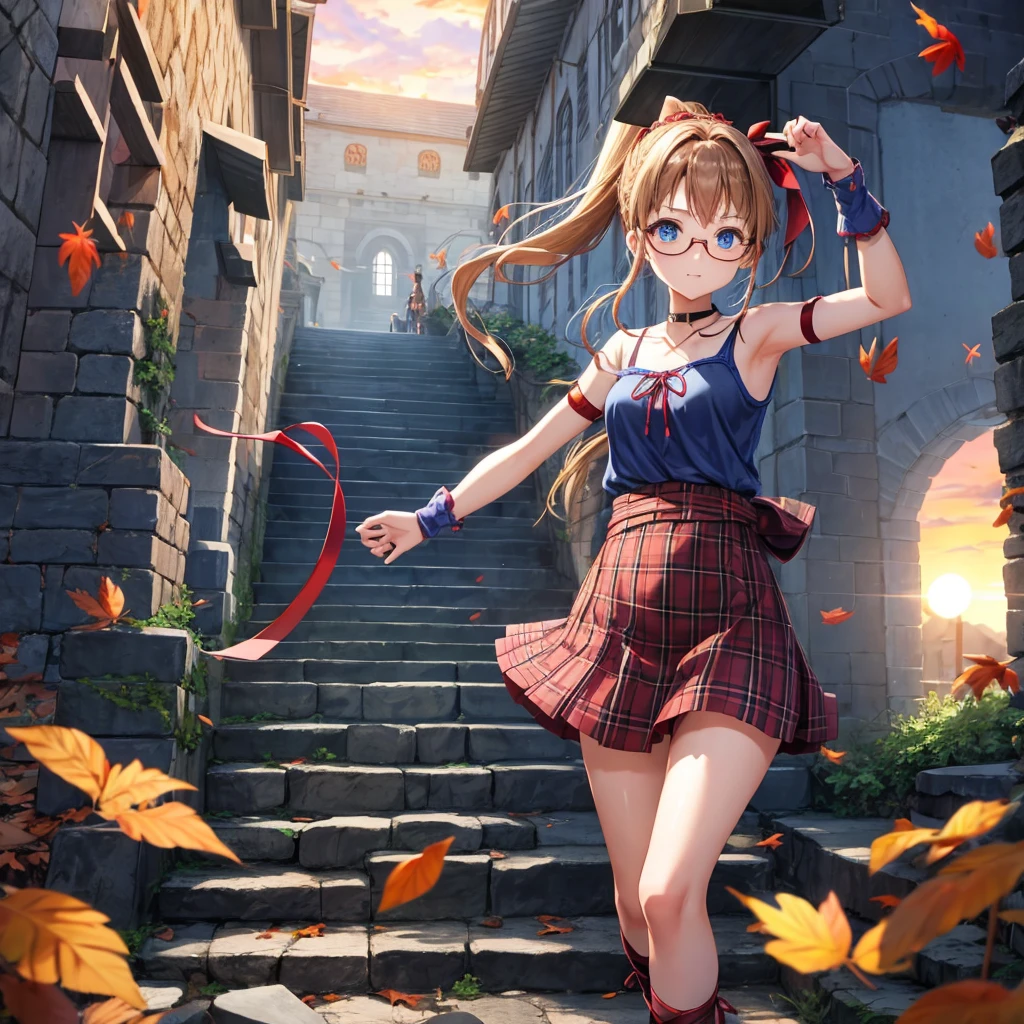 reddish-brown blonde、blue hair、blue eyes、ponytail、Braid、one good looking girl、solo、anime、Plaid miniskirt、camisole、black t-shirt、Tilting your face、Doing the ribbon、Ribbon at waist、sunset sky、stone stairs、tunnel、Fallen leaves、wearing glasses、Light and shadow、maze、monster castle、lanthanum、corridor、One leg is raised、pinwheel、castle floating in the air、7 cylinders