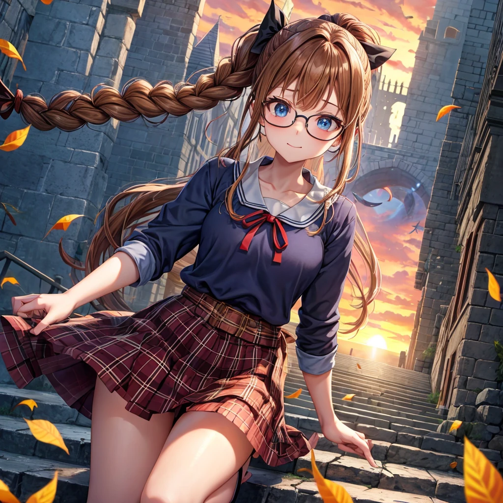 reddish-brown blonde、blue hair、blue eyes、ponytail、Braid、one good looking girl、solo、anime、Plaid miniskirt、camisole、black t-shirt、Tilting your face、Doing the ribbon、Ribbon at waist、sunset sky、stone stairs、tunnel、Fallen leaves、wearing glasses、Light and shadow、maze、monster castle、lanthanum、corridor、One leg is raised、pinwheel、castle floating in the air、7 cylinders