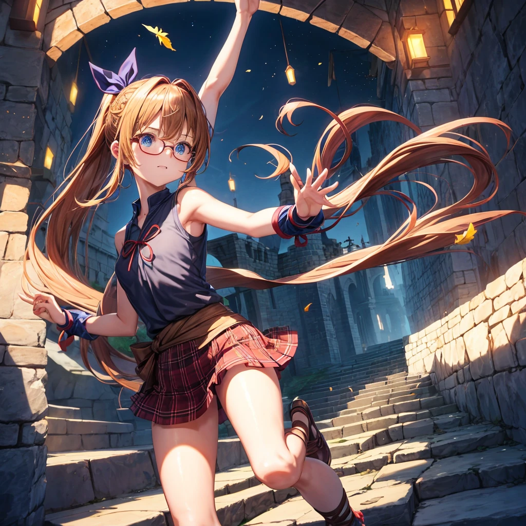 reddish-brown blonde、blue hair、blue eyes、ponytail、Braid、one good looking girl、solo、anime、Plaid miniskirt、camisole、black t-shirt、Tilting your face、Doing the ribbon、Ribbon at waist、sunset sky、stone stairs、tunnel、Fallen leaves、wearing glasses、Light and shadow、maze、monster castle、lanthanum、corridor、One leg is raised、pinwheel、castle floating in the air、7 cylinders