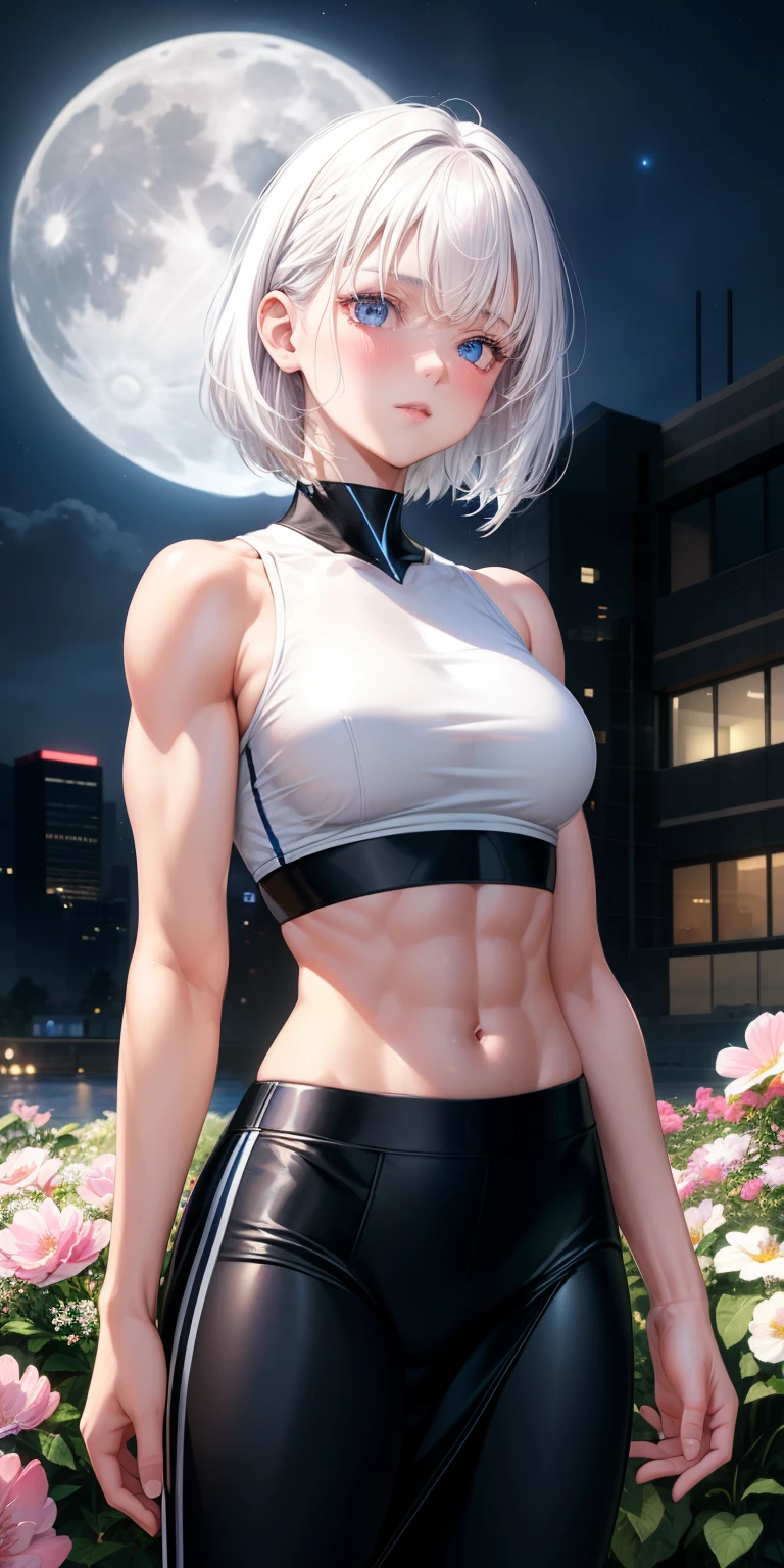 actual, 1 girl, white hair, blue eyes, glowing eyes, crop top, skirt, open lips, blush, Gym, flowers, night, moonlight, abdominal muscles, muscle , biceps