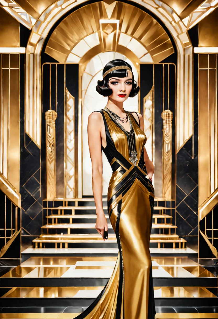 Art Deco, Art Deco style, Art Deco lobby, grand staircase, geometric patterns, gold and chrome accents, flapper girl descending, sleek bob haircut, beaded gown, (opulence), (symmetry), (high contrast), (vibrant), (1920s elegance) . geometric shapes, bold colors, luxurious, elegant, decorative, symmetrical, ornate, detailed, sleek, geometric forms