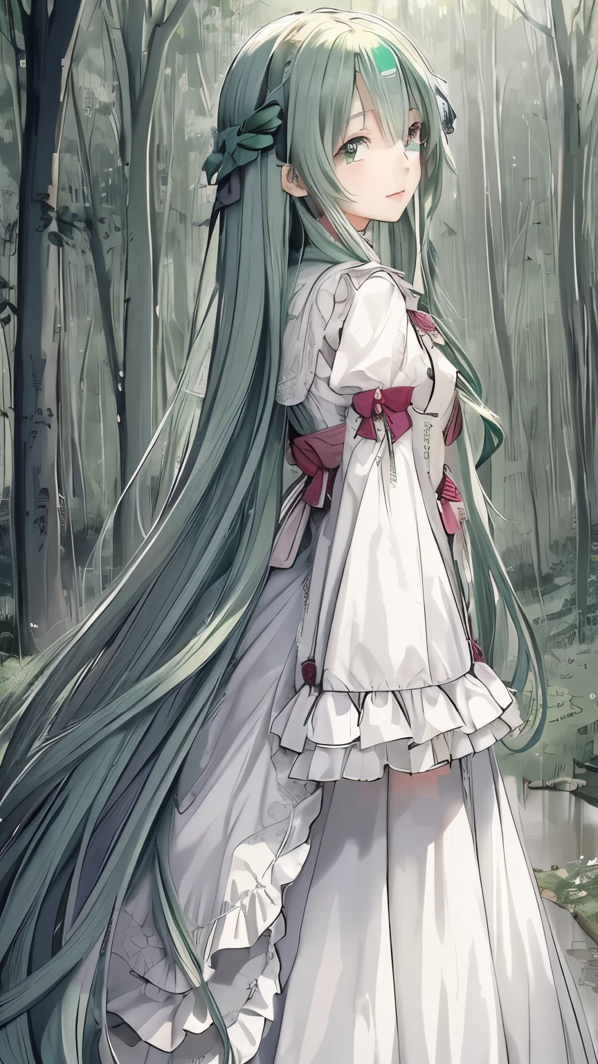Green long-haired anime girl wearing a white dress in the forest, a maid in a magical forest, anime long hair girl, Beautiful anime artwork, Portrait of Hatsune Miku, Beautiful anime art, anime wallpaper, clean Detailed anime art, wearing clothes, sunset, Detailed anime art, hd anime wallpaper, gothic shoujo anime girl, Beautiful anime style,light gray hair