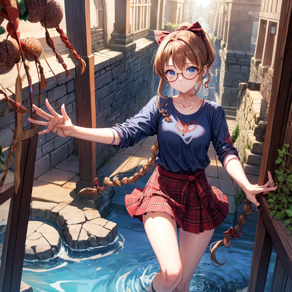 reddish-brown blonde、blue hair、blue eyes、ponytail、Braid、one good looking girl、solo、anime、Plaid miniskirt、camisole、black t-shirt、Tilting your face、Doing the ribbon、Ribbon at waist、sunset sky、stone stairs、tunnel、Fallen leaves、wearing glasses、Light and shadow、maze、monster castle、lanthanum、corridor、One leg is raised、pinwheel、castle floating in the air、7 cylinders、Jewelry box