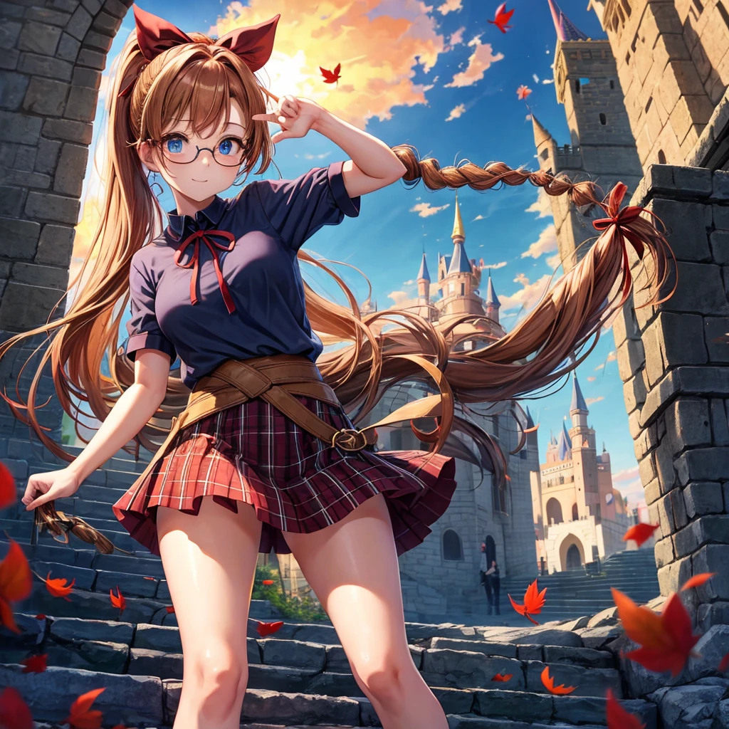 reddish-brown blonde、blue hair、blue eyes、ponytail、Braid、one good looking girl、solo、anime、Plaid miniskirt、camisole、black t-shirt、Tilting your face、Doing the ribbon、Ribbon at waist、sunset sky、stone stairs、tunnel、Fallen leaves、wearing glasses、Light and shadow、maze、monster castle、lanthanum、corridor、One leg is raised、pinwheel、castle floating in the air、7 cylinders、Jewelry box