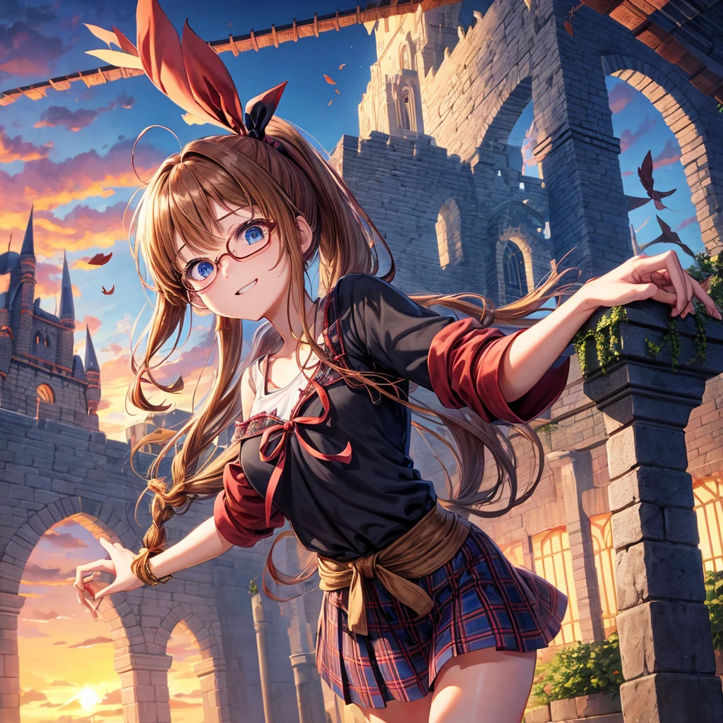 reddish-brown blonde、blue hair、blue eyes、ponytail、Braid、one good looking girl、solo、anime、Plaid miniskirt、camisole、black t-shirt、Tilting your face、Doing the ribbon、Ribbon at waist、sunset sky、stone stairs、tunnel、Fallen leaves、wearing glasses、Light and shadow、maze、monster castle、lanthanum、corridor、One leg is raised、pinwheel、castle floating in the air、7 cylinders、Jewelry box
