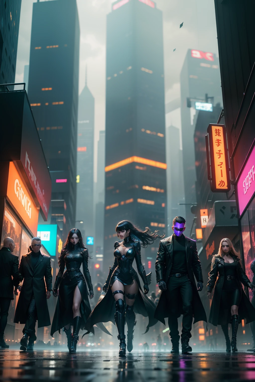 Amidst the pulsating heartbeat of a vibrant, nine-by-sixteen grid modern city, resembling Earth's iconic New York, cyberpunk figures traverse crowded streets lined with neon-lit skyscrapers. Black mecha, with intricately detailed designs, hum along the avenues, their mechanics casting long, ominous shadows against the occasionally rain-splattered concrete.
The city's denizens move with unyielding determination, their expressions a mixture of focus and urgency. Their cybernetic enhancements glisten under the artificial illuminations of the metropolis, some wearing dense layers of trench coats while others show off their ch