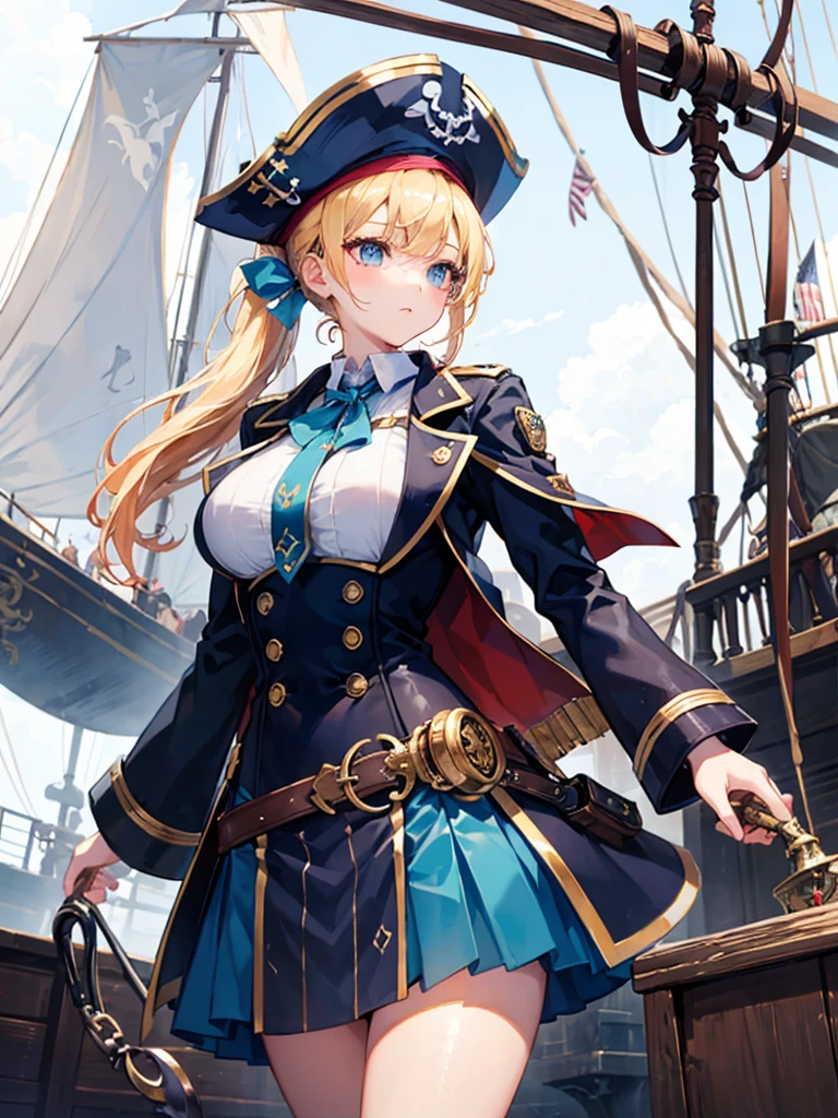 （（（masterpiece、Highest image quality、highest quality、highly detailed unity 8ｋwallpaper）））、（（Illustration of one girl））、（（（beautiful girl）））、（fantasy、female pirate）、（blonde、short ponytail：1.2、light blue eyes）、（（（The right arm is a steampunk-style prosthetic arm.）））、（（tall））、bulky figure, massive frame, thick neck, sturdy arms, powerful legs、（captain&#39;s suit、Pirate hat、Blue coat）、pirate shipのデッキ、pirate ship、sailboat
