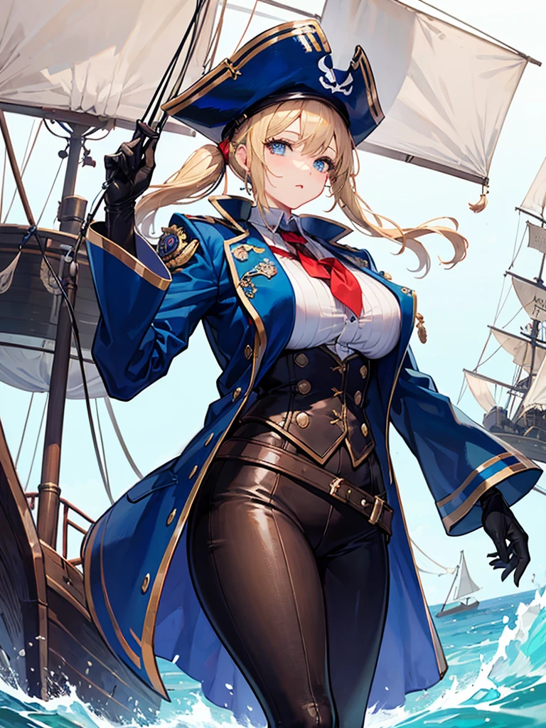 （（（masterpiece、Highest image quality、highest quality、highly detailed unity 8ｋwallpaper）））、（（Illustration of one girl））、（（（beautiful girl）））、（fantasy、female pirate）、（blonde、short ponytail：1.2、light blue eyes）、（（（The right arm is a steampunk-style prosthetic arm.）））、（（tall））、bulky figure, massive frame, thick neck, sturdy arms, powerful legs、（captain&#39;s suit、Pirate hat、Blue coat）、pirate shipのデッキ、pirate ship、sailboat