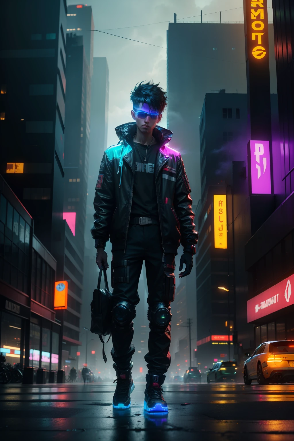 In the heart of a gritty, neon-lit cyber punk city, a singular figure stands out amidst the chaos. The guy, dressed in a riot of colors and advanced materials, defies the monochrome despair of the urban landscape around him. His cybernetic eyes glow with an inner light, reflecting his unique style identity. The scene is intricately detailed, with towering buildings casting long, angular shadows over the crowded streets, illuminated by the vibrant hues of holographic advertisements. The atmosphere is tense, with the hum of hover cars and the distant wail of sirens setting the tone for this 9:16 image. The guy's features are sharp and
