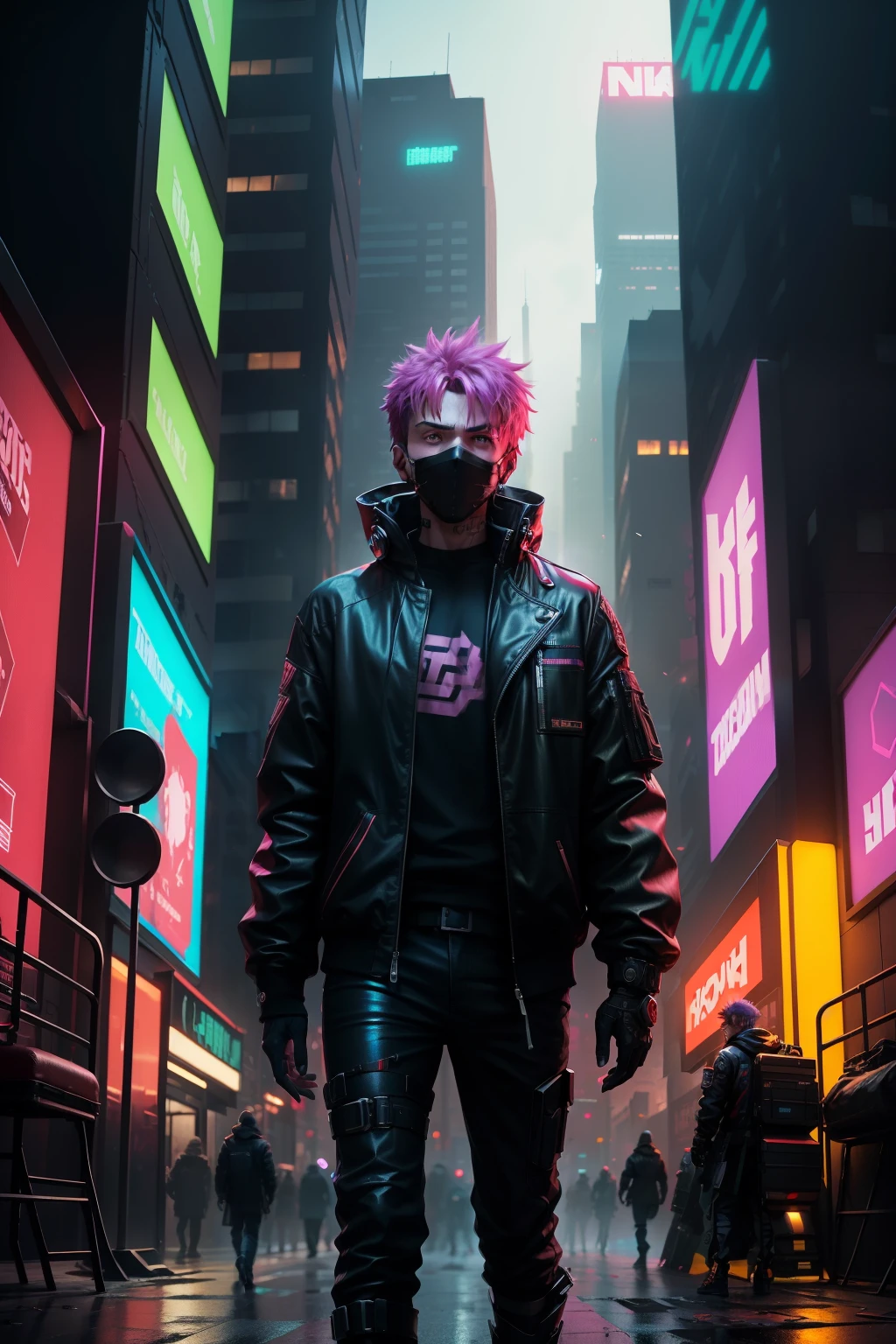 In the heart of a gritty, neon-lit cyber punk city, a singular figure stands out amidst the chaos. The guy, dressed in a riot of colors and advanced materials, defies the monochrome despair of the urban landscape around him. His cybernetic eyes glow with an inner light, reflecting his unique style identity. The scene is intricately detailed, with towering buildings casting long, angular shadows over the crowded streets, illuminated by the vibrant hues of holographic advertisements. The atmosphere is tense, with the hum of hover cars and the distant wail of sirens setting the tone for this 9:16 image. The guy's features are sharp and