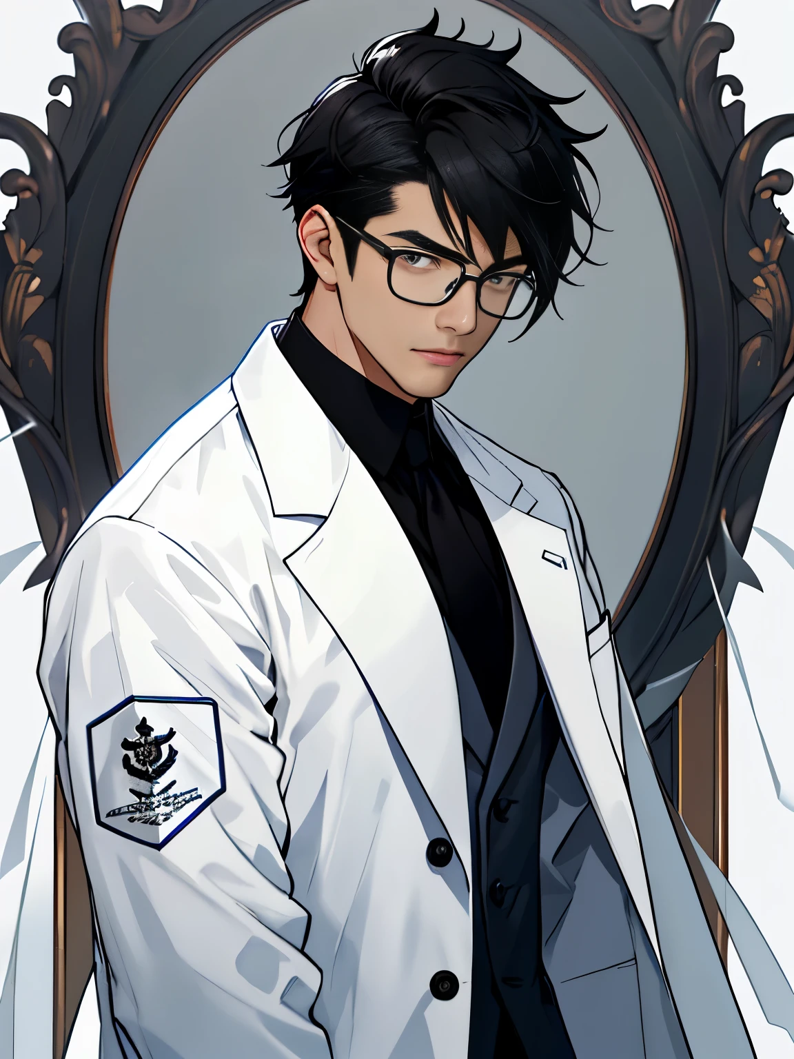 A man, 25 years old, with an intelligent and delicate demeanor, neat black hair, and black glasses that frame his sharp gaze, exudes a professional impression as he wears a clean white coat, the pristine fabric emblazoned with the insignia of a neurosurgeon.