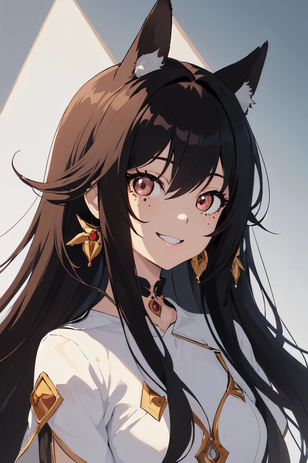 masterpiece, highest quality, {highest quality}, {{masterpiece}}, {High resolution}, concentrated, anime style, Close-up of a female cartoon, Girl Design, Mara, portrait, Gisha, anime images, long hair, black hair, heterochrome eyes, hair covering ears, Happy, Sleek and powerful look, exotic, expensive, freckles, smile