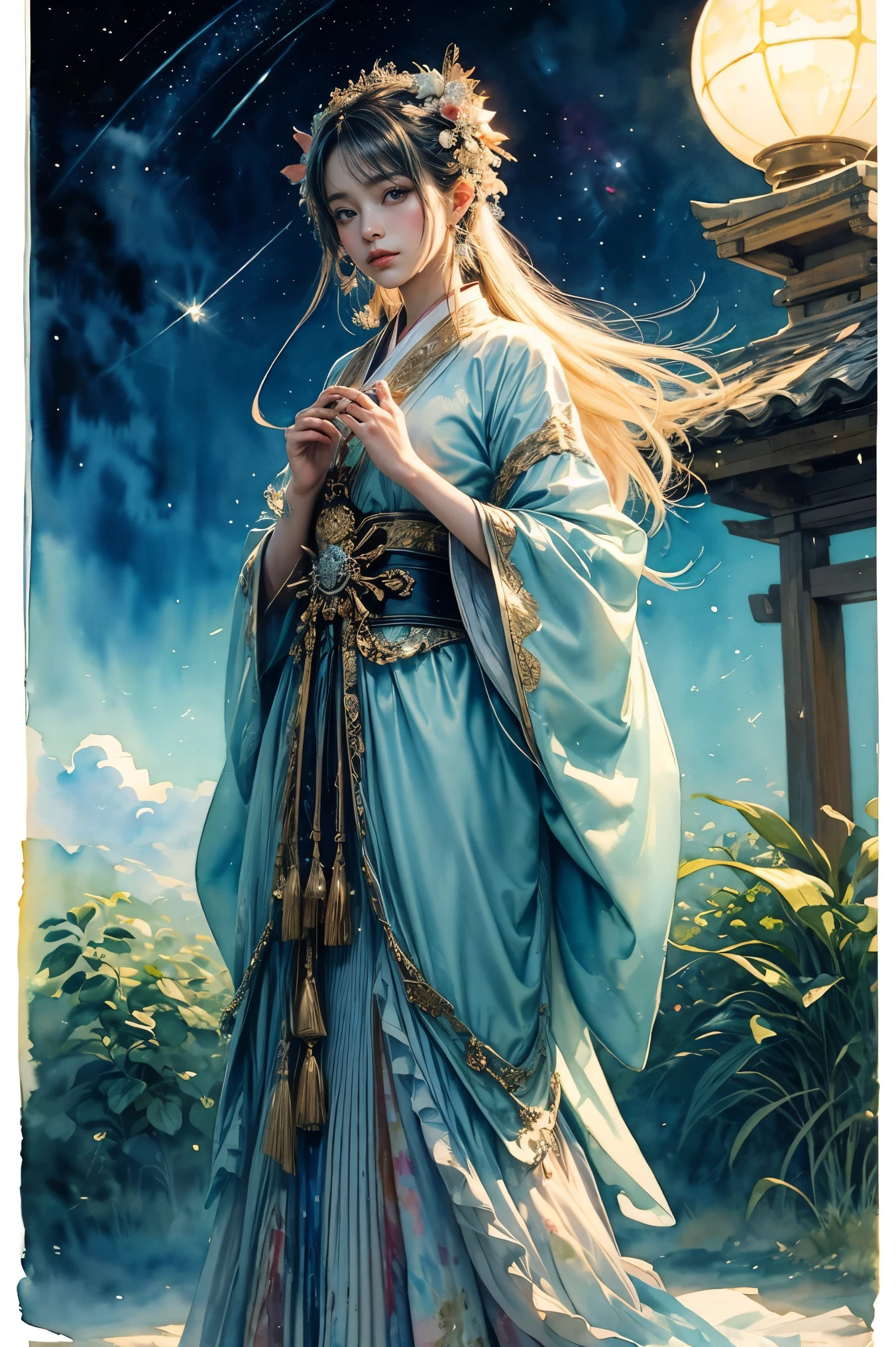 (table top, highest qualityの, highest quality, official art, (beautiful and aesthetic:1.4), (watercolor painting:1.4) ),  (Banjakuhime 1.5), Goddess of Japan mythology, Dignified beauty, Star Goddess、Goddess of the night sky、generally、((((generally))))、Support for samsara, God's Grace, Gentle and meditative expression, Flowing Celestial Garments, shine、Brought peace and a bountiful harvest to everyone on earth, Soar into the starry sky, Whispers of ancient lore、(((standing)))