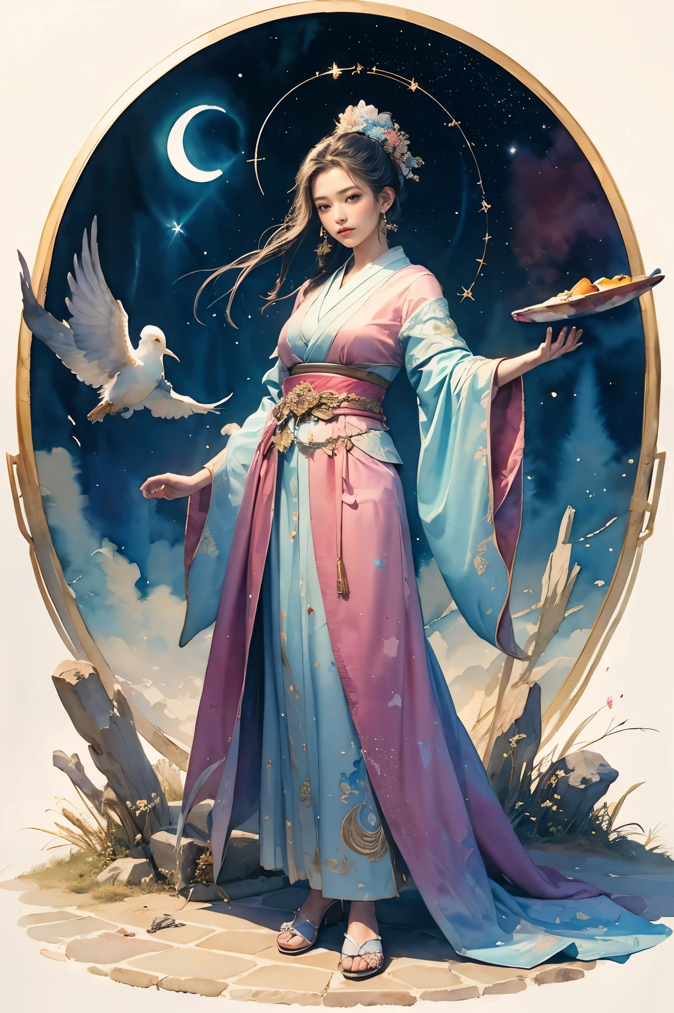 (table top, highest qualityの, highest quality, official art, (beautiful and aesthetic:1.4), (watercolor painting:1.4) ),  (Banjakuhime 1.5), Goddess of Japan mythology, Dignified beauty, Star Goddess、Goddess of the night sky、generally、((((generally))))、Support for samsara, God's Grace, Gentle and meditative expression, Flowing Celestial Garments, shine、Brought peace and a bountiful harvest to everyone on earth, Soar into the starry sky, Whispers of ancient lore、(((standing)))