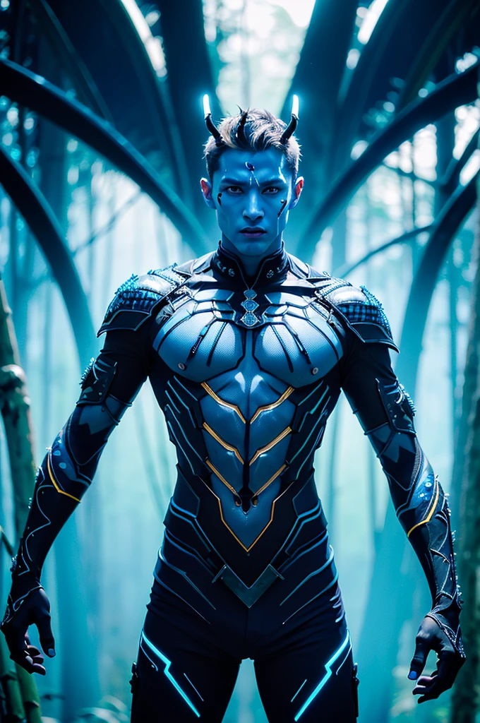 (a supernatural blue american male entity:1.1, half man:1.1, half bee, technorganic saber:1.1), (medium:1.2, digital art), detailed human anatomy, bee-like exoskeleton, glowing eyes, intricate tribal design, jungle background, vibrant colors, dramatic lighting