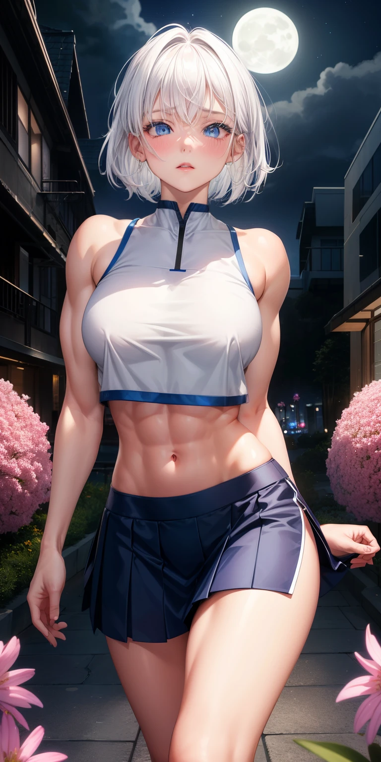 actual, 1 girl, white hair, blue eyes, glowing eyes, crop top, skirt, open lips, blush, Gym, flowers, night, moonlight, abdominal muscles, muscle , biceps