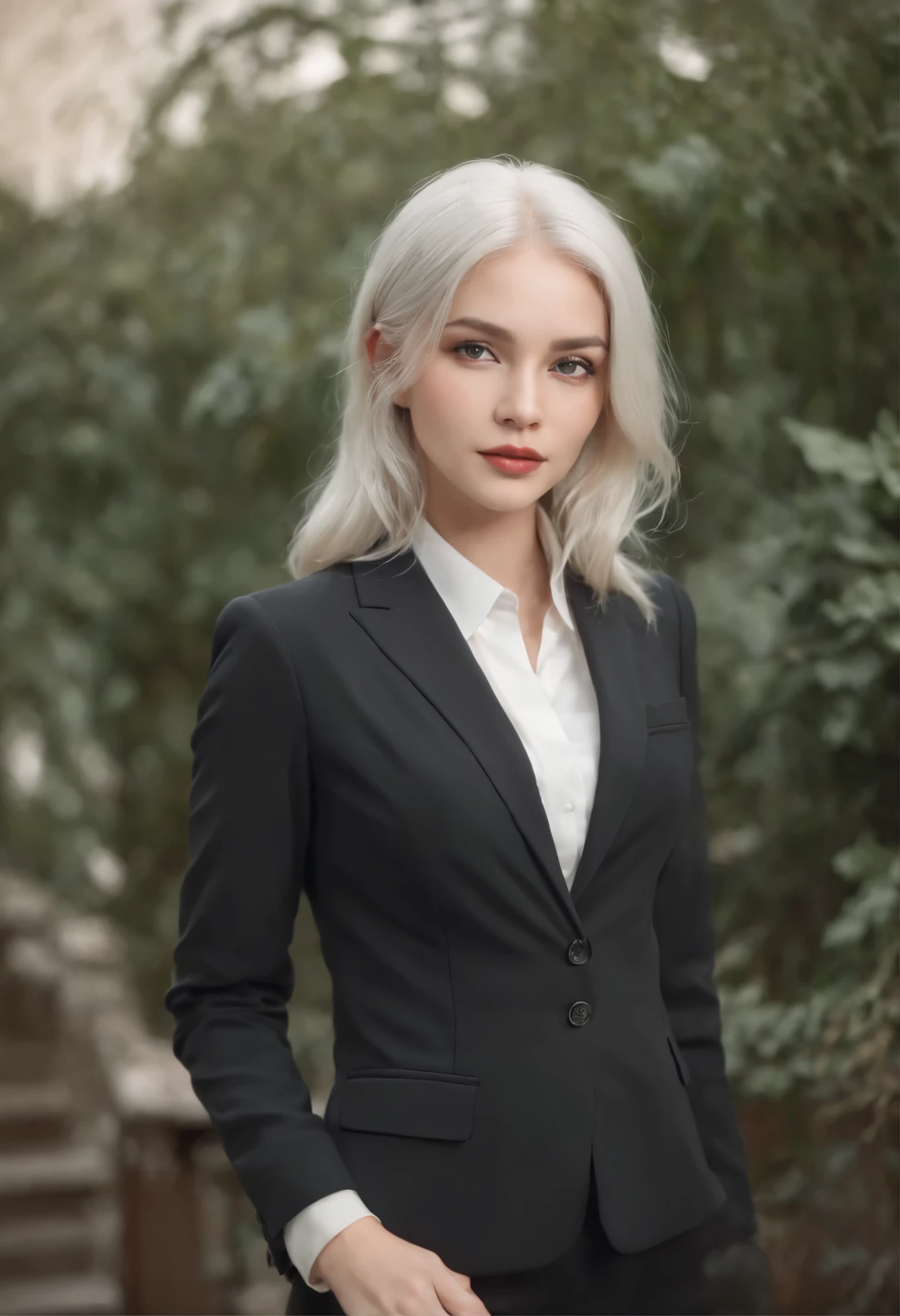 Fair complexion, A woman of about 25 years old, natural white hair, Distinctive green eyes, wear a black business suit, Стройная и graceful, Beautiful, Indifferent, flat chest, office environment, high detail, full view, high heels, graceful, high growth, Glasses, Cold, stern expression