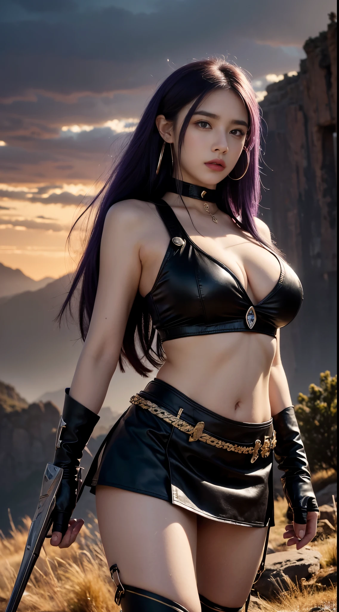 works of masters,higher quality,high details,ultra high resolution,8K resolution,Depth of bounds written,first person perspective,the only person,woman,patriarch,thick eyebrows,Expressionless,purple hair big breasts,white long hair,hoop earrings,bangle,ear studs,choker necklace,iron thorn,leather skirt,fur shawl,combat boots,facing the viewer,evening,cloudy,Meteors,plateau,canyon,cinematic lighting,volume light,law of twilight,brilliant sunshine low