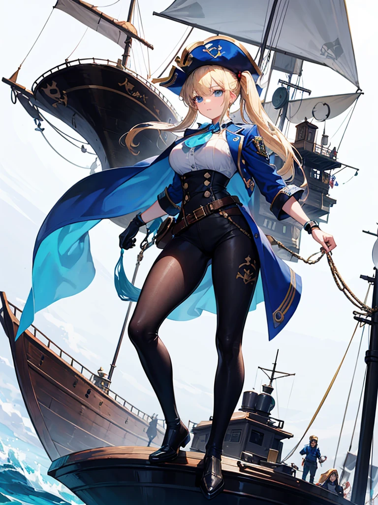 （（（masterpiece、Highest image quality、highest quality、highly detailed unity 8ｋwallpaper）））、（（Illustration of one girl））、（（（beautiful girl）））、（fantasy、female pirate）、（blonde、short ponytail：1.2、light blue eyes）、（（（The right arm is a steampunk-style prosthetic arm.）））、（（tall））、bulky figure, massive frame, thick neck, sturdy arms, powerful legs、（captain&#39;s suit、Pirate hat、Blue coat）、pirate shipのデッキ、pirate ship、sailboat