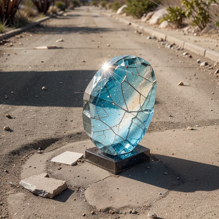 Low-resolution, blurry shot of a dull crystal sculpture in the shape of phoenix discarded on a barren dirt path. The sculpture is chipped and cracked, with iridescence colors . The background is a dull gray, and there is sunlight to create vibrant effects. The overall image is bleak and depressing, suggesting the end of spring and the absence of hope