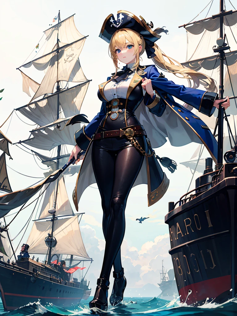 (((masterpiece、Highest image quality、highest quality、highly detailed unity 8kwallpaper)))、((Illustration of one girl))、(((beautiful girl)))、(fantasy、female pirate)、(blonde、short ponytail:1.2、light blue eyes)、(((The right arm is a steampunk-style prosthetic arm.)))、((tall))、bulky figure, massive frame, thick neck, sturdy arms, powerful legs、(captain's suit、Pirate hat、Blue coat)、pirate shipのデッキ、pirate ship、sailboat